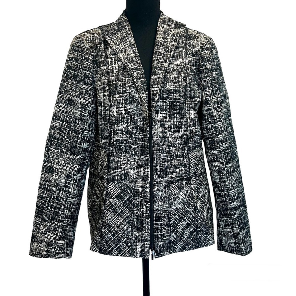 Lafayette 148 New York black white printed blazer zip-up jacket Sz 14